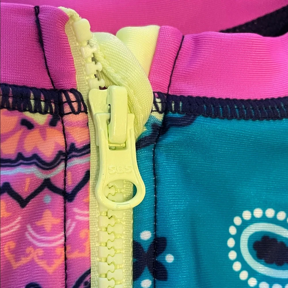 Justice Kids Rashguard one piece swimsuit with Pink and Blue Patchwork nwt